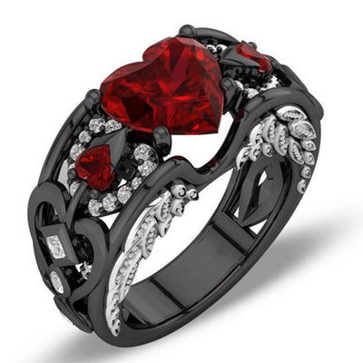Creative Design For The Amazon. Europe And The United States Princess Diamond Ring Heart-shaped Ruby Engagement Lady Black Gold Ring