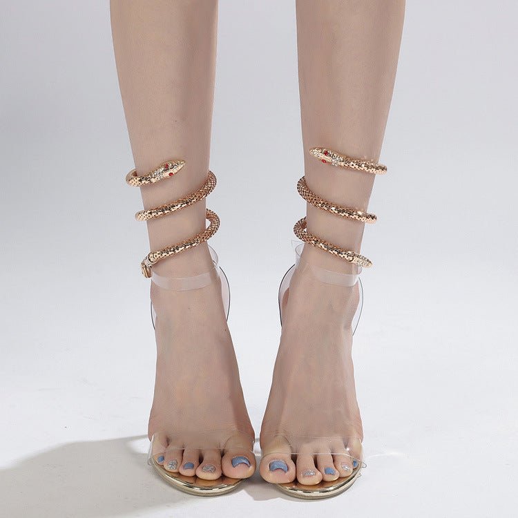 Rhinestone High-heeled Sandals Snakelike Winding Round Toe Transparent Large Size High Heels Women