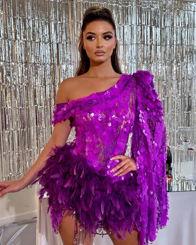 Purple Sequined Feather Skirt One-shoulder Sleeve Short Dress Luxury Party Stage Performance Dress