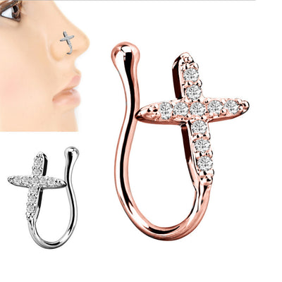 Piercing Jewelry Fake Nose Ring Cross Diamond