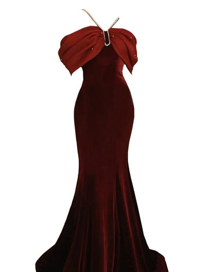 Premium Sense Wine Red Engagement Fishtail Temperament One Line Shoulder Evening Dress