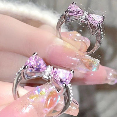 Princess's Castle Pink Bow Female Diamond Zircon French Girl Micro-inlaid Ring