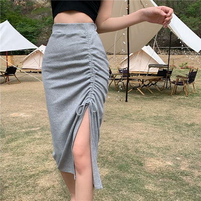 High Waist Slit Skirt Women's Irregular Mid-length Skirt Drawstring Ruffle Hip Skirt