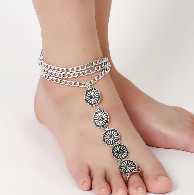 European and American fashion personality retro carved three layer even exaggerated fringed Anklets toe foot ornaments