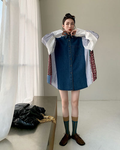 Women's Denim Patchwork Pattern Shirt Dress Loose Korean Style