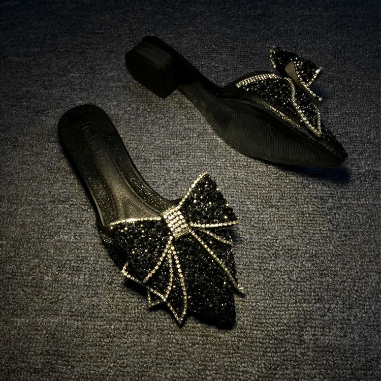 Fashion Women's Rhinestone Pointed Bow Half Slippers