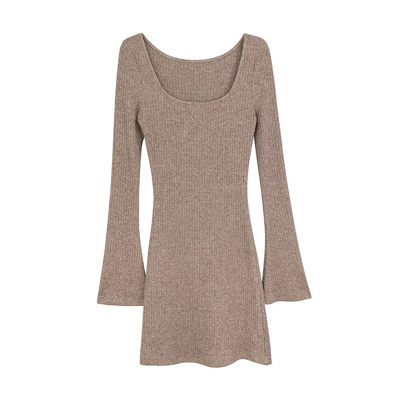 Pure Desire Style Square Collar Bell Sleeve Knitted Dress