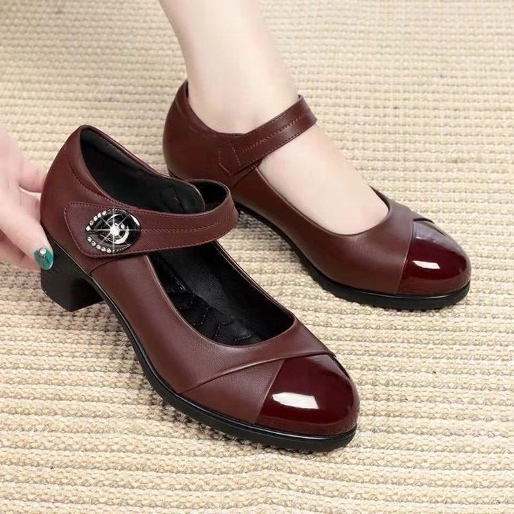 Round Toe Soft Bottom Low-cut Buckled Chunky Heel Shoes