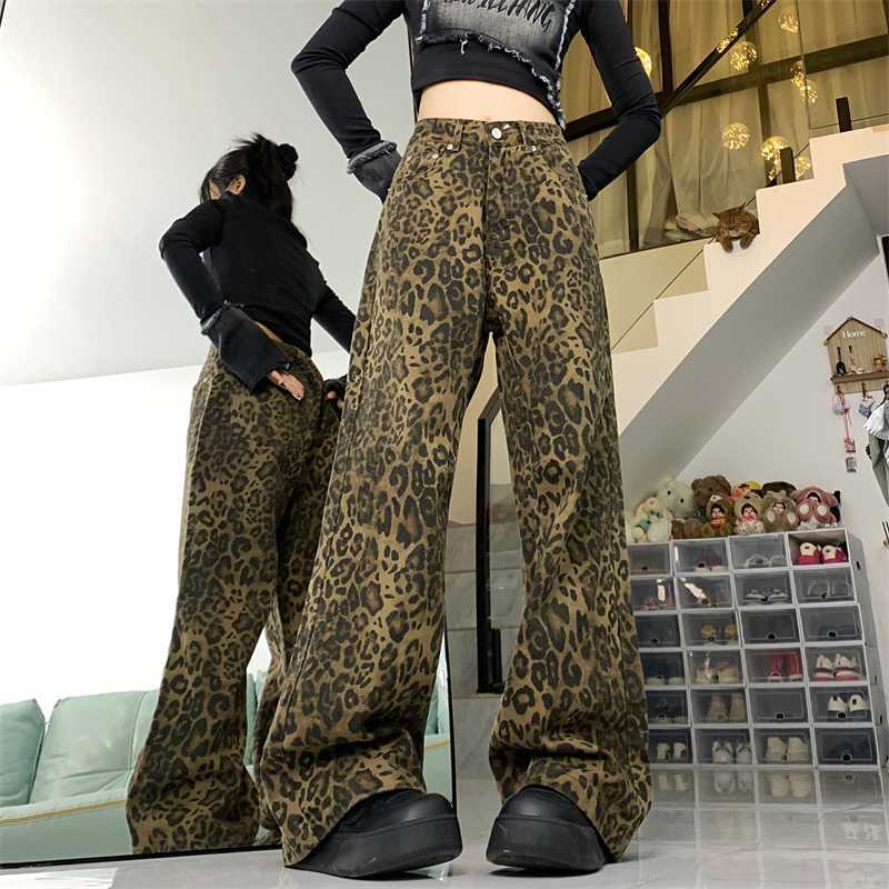 Women's American-style Vintage Leopard Print Wide-leg Jeans