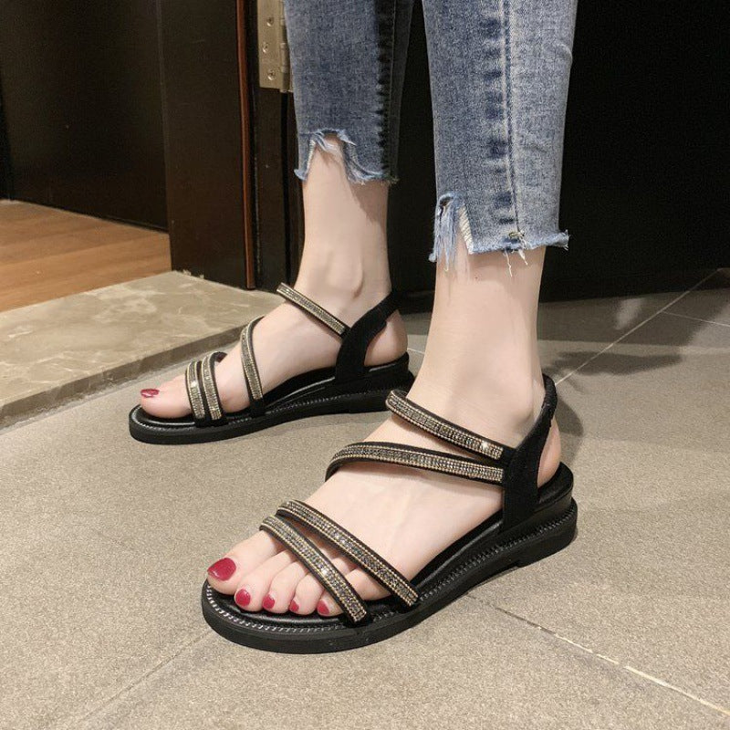 Women's Sandals Casual Women's Summer Korean Style Flat For Outdoors Rhinestone Fairy All-match Fashion Non-slip