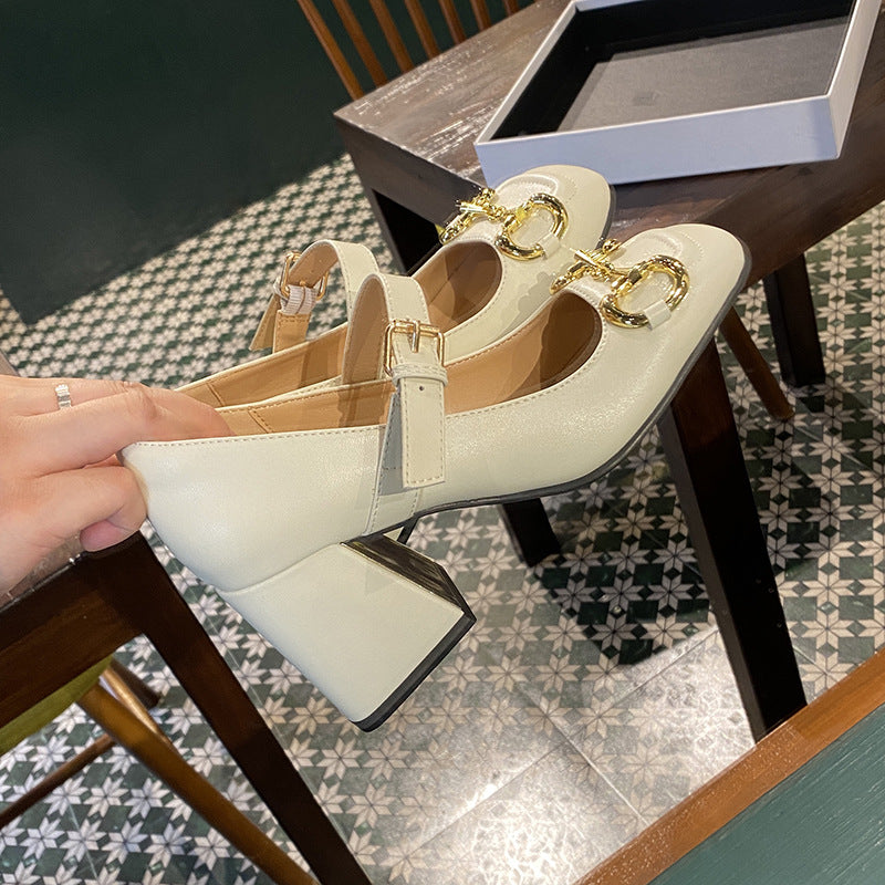 Women's High-heeled Mary Jane Shoes Horsebit Buckle Chunky Heel Square Toe Toe Cap