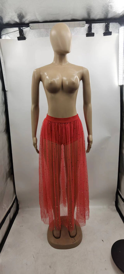 See-through Pleated Skirt Lace Mesh High Waist Skirt