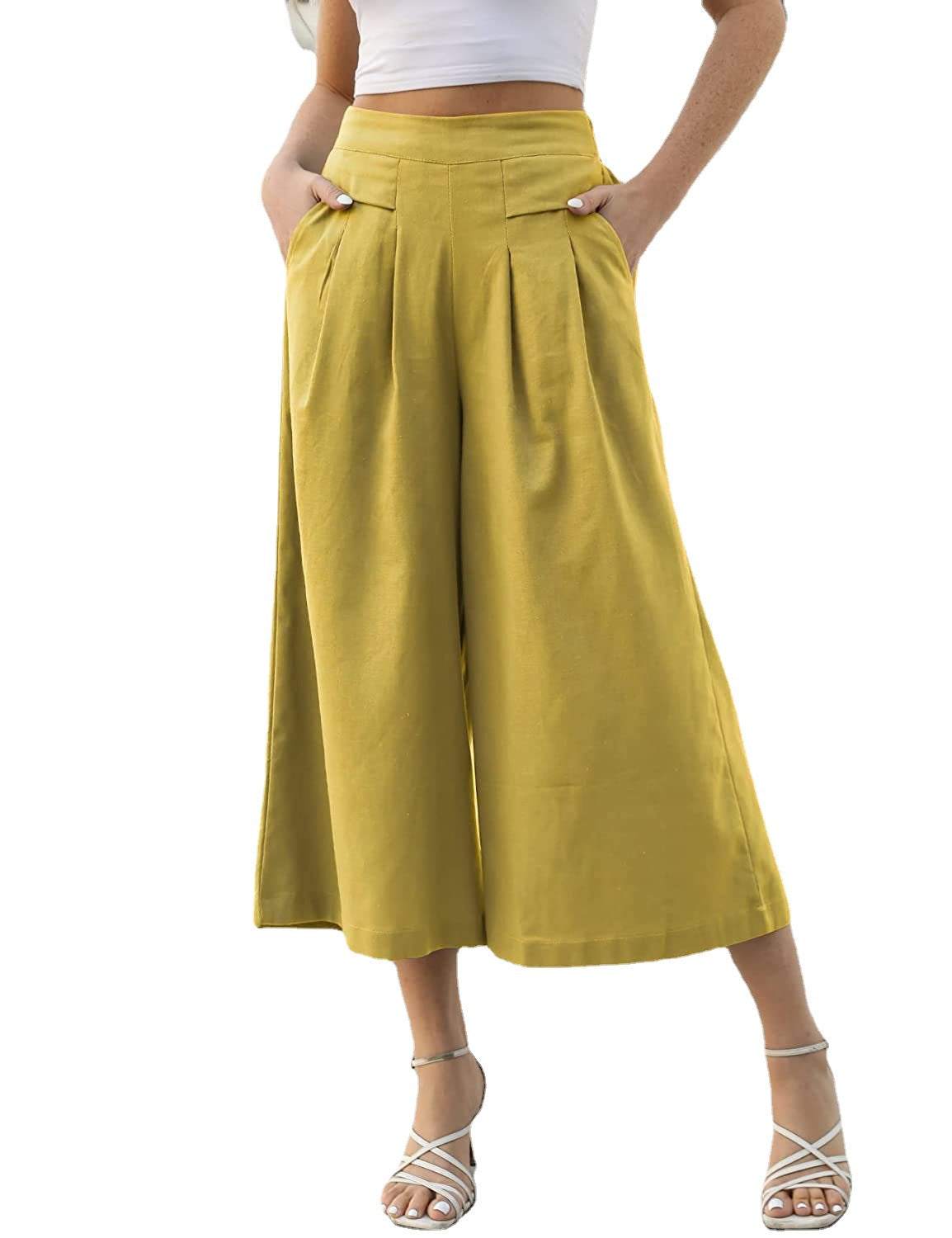 Cotton Elastic Waist Wide Leg Cropped Workwear With Pocket