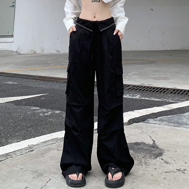 Flanging Waist Head Design Black Casual Working Pants