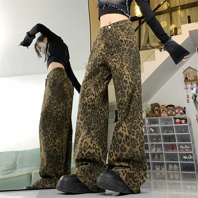 Women's American-style Vintage Leopard Print Wide-leg Jeans