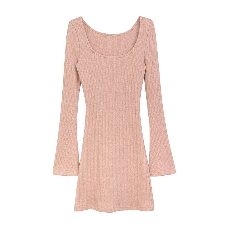 Pure Desire Style Square Collar Bell Sleeve Knitted Dress