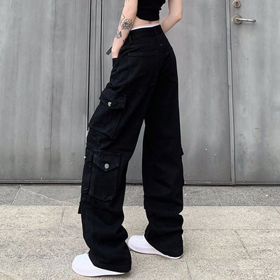 Flanging Waist Head Design Black Casual Working Pants