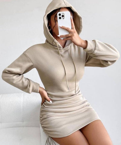 Design Hooded Sheath Long Sleeve Pullover Dress Women
