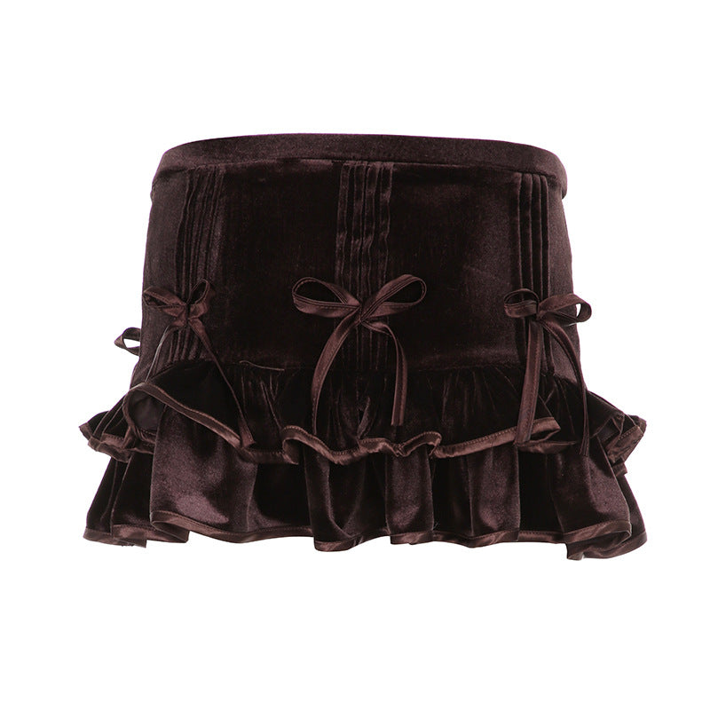 European And American Retro Brown Bow Bandage High Waist Velvet Skirt