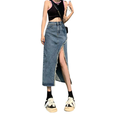 Irregular Slit Denim Skirt Female Ins Style Hot Girl Raw Edges Design