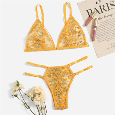 Sexy Three-point Three-dimensional Embroidered Flower Bra Panty Set
