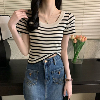Casual Short-sleeved Slim-fit Striped T-shirt