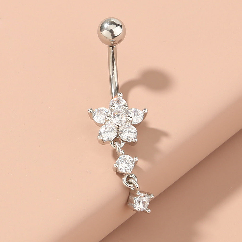 Flower Zircon Belly Button Ring With Diamond Inlaid Zircon Belly Button Nail
