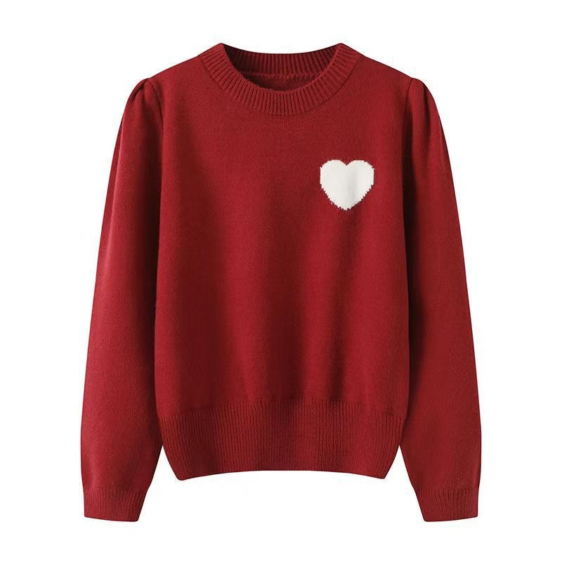 Korean Style Heart Embroidered Round Neck Sweater