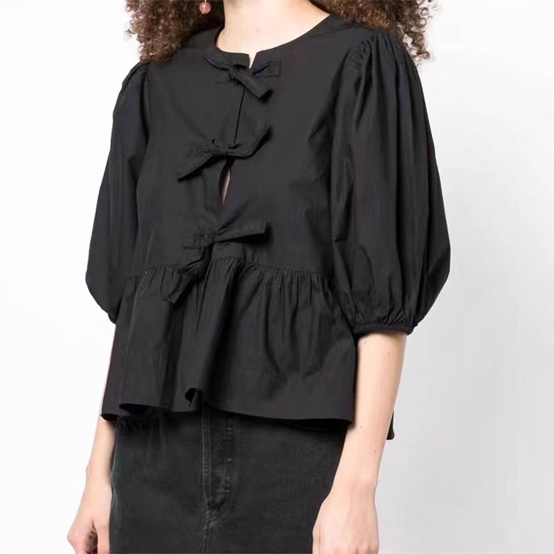 Women's Sweet Round Neck Lace-up Bow Tie Puff Sleeve Solid Color Shirt