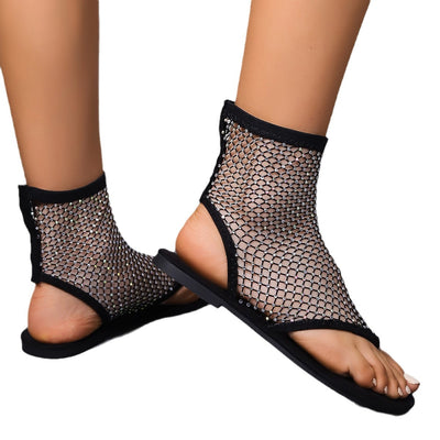 Plus Size Women's Flat Sandals Breathable Mesh Hot Drilling