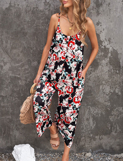Flowers Print Suspender Jumpsuit With Pockets Spring Summer Fashion Round-neck Overalls For Womens Clothing