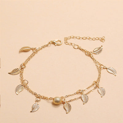 Frosted Round Beads, Small Leaves And Tassel Feet With Double-Layer Anklets