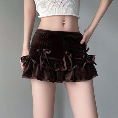 European And American Retro Brown Bow Bandage High Waist Velvet Skirt