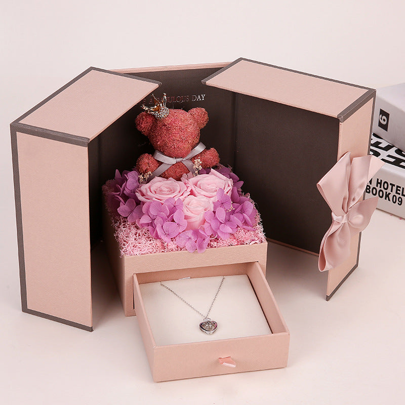 Preserved Flower Rose Bear Necklace Gift Box
