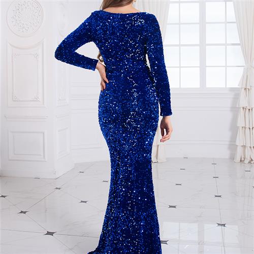 Women Modest Stretch Sequin Royal Blue Evening Prom Gown Party