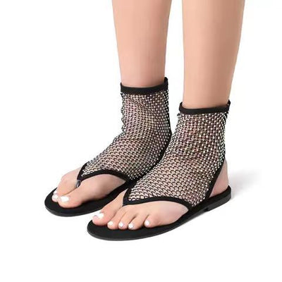 Plus Size Women's Flat Sandals Breathable Mesh Hot Drilling