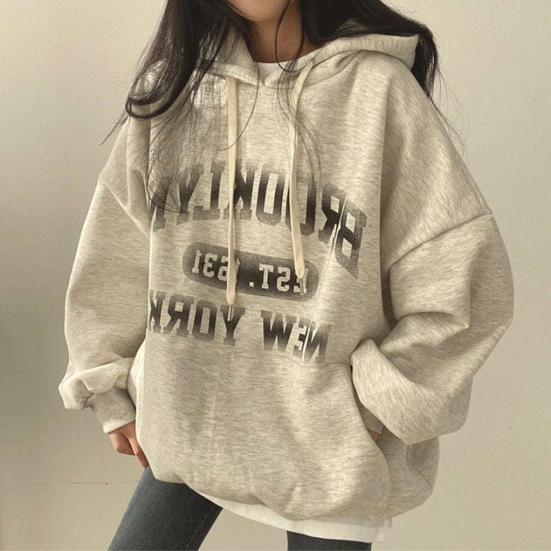 Women's Autumn And Winter Thickening Fleece Padded Coat Letter Hooded Sweater