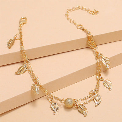 Frosted Round Beads, Small Leaves And Tassel Feet With Double-Layer Anklets