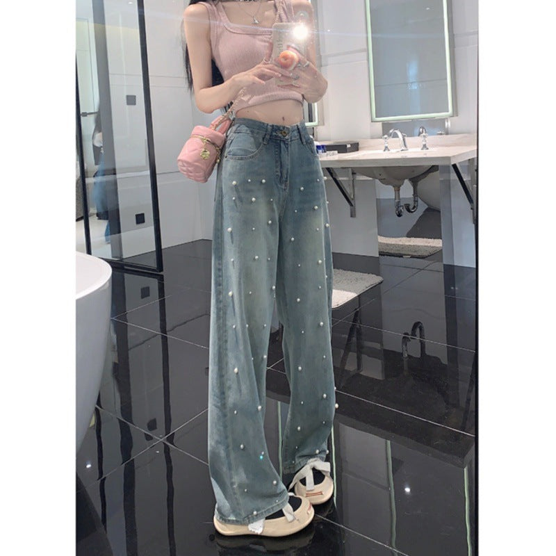 Pearl Straight Jeans High Waist Slim-fit Wide-leg Pants Women