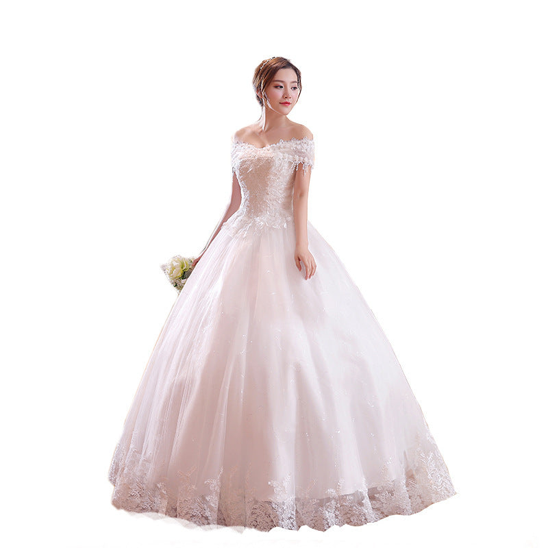 Shoulder-to-shoulder Wedding Dress Bridal Lace Plus Size Thin Shoulder Wedding Dress