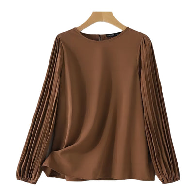 Women's Long-sleeved Shirt Round Neck Retro Solid Color