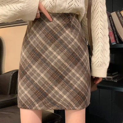 Women's Woolen Plaid High Waist Hip Skirt