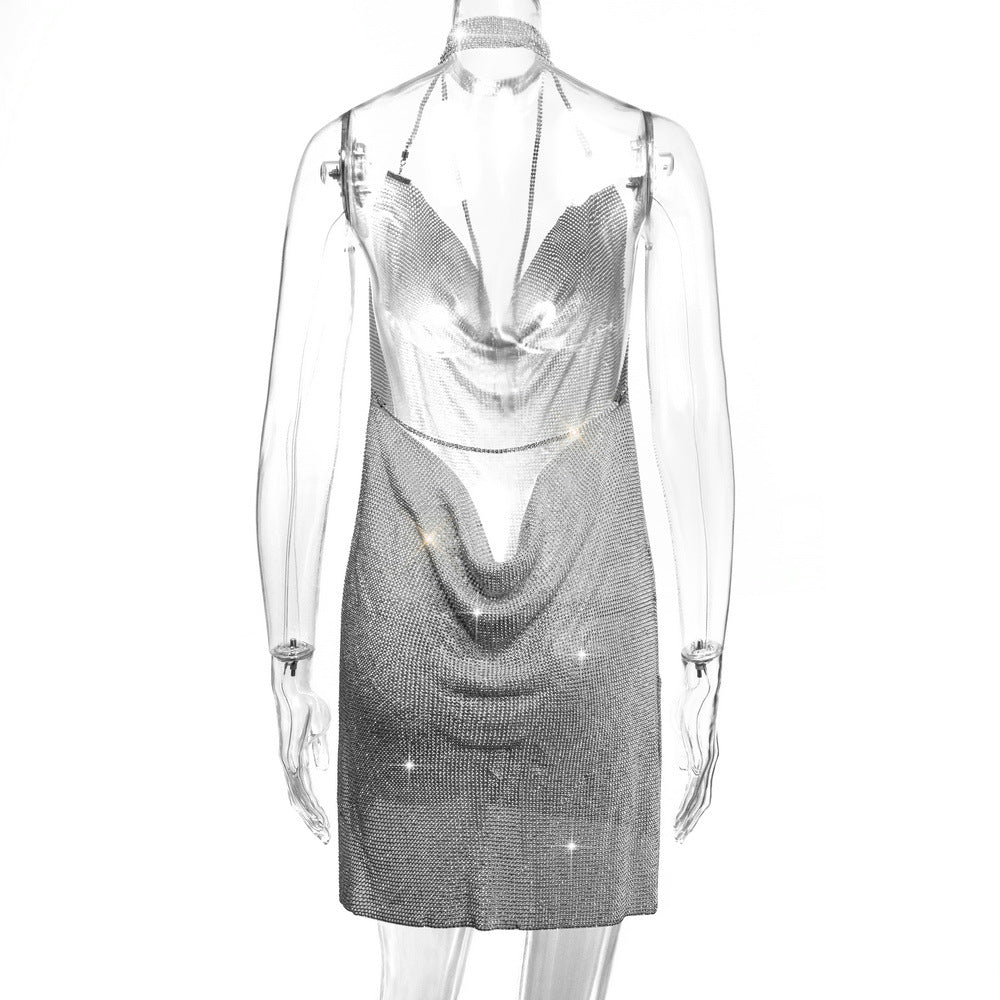 Backless Metal Sequins V-neck Brace Halter Dress