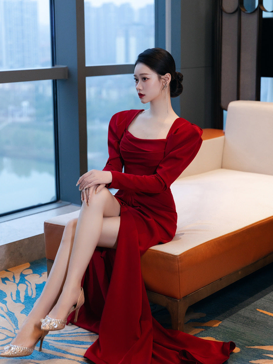 Bride Fishtail Square Collar Long Sleeve Design Simple Satin Evening Dress
