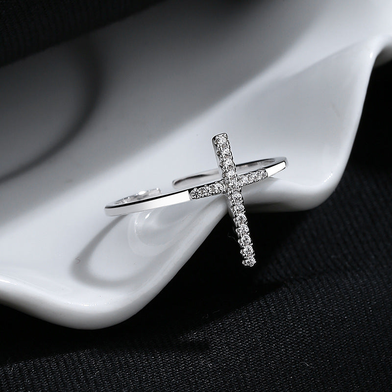 European And American Simple INS Style Cross Open Ring Female 925 Sterling Silver Niche Design