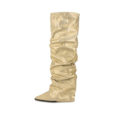 Women's Pointed Stitching Sleeve Flanging Pleated High Leg Boot