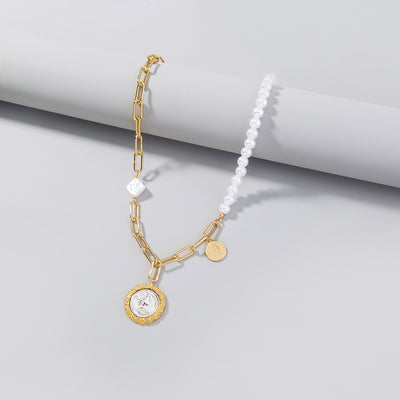 Round Brand Necklace With Pearl Stitching Necklace
