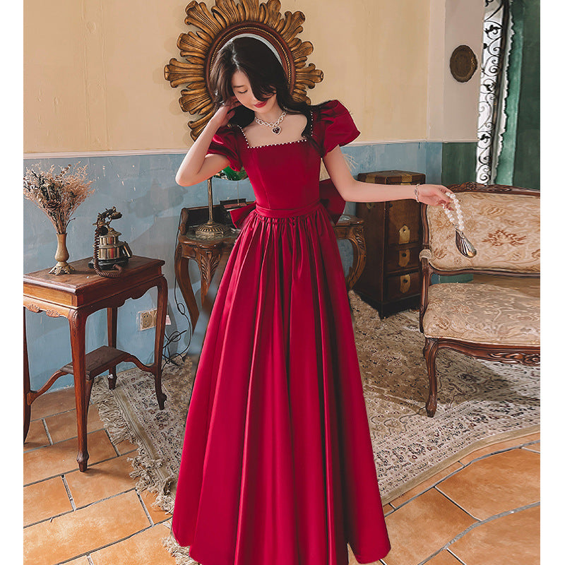 Winter Wine Red Engagement Daily French Princess On The Run Satin Dress