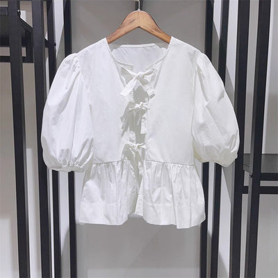 Women's Sweet Round Neck Lace-up Bow Tie Puff Sleeve Solid Color Shirt