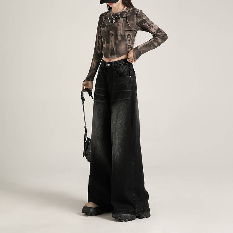 Retro Washed Craft Black Gray Wide Leg Jeans